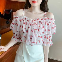 Women's Blouses Print Blouse For Women 2022 Summer Loose All-Match Ruffled Off Shoulder Strapless Strawberry Printed Chiffon Tops