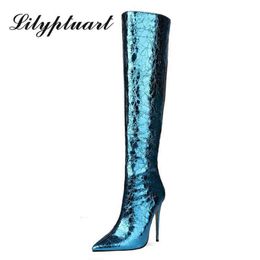 Boots European and American Fashion Be Toe Needle Heel Blue Back Zipper Long Tube Women Winter Dij High 220901