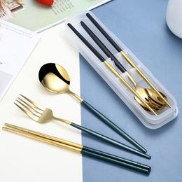 Учебные посуды наборы портативной корейской посуды 3pcs set из нержавеющей стали Spoon Fork Wopsticks Студенческое путешествие на открытом воздухе с коробкой
