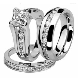 Wedding Rings His And Hers Women Fashion Jewellery Princess Cut White Gold&Stainless Steel 5A CZ Zirconia Band Men Couple Ring Set