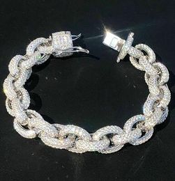 14K White Gold Plated Diamond Rolo Link Bracelet Icy Cubic Zirconia Jewellery 7inch 8inch 12mm Mens Bracelets