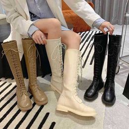 Boots Dress Shoes Round Toe Sexy Winter Footwear Ladies Rubber New Knee High Chelsea Square Heel Botines De Mujer Lace up