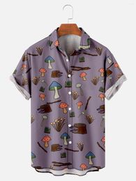 Men's Casual Shirts Purple Chinese Style Mushroom Print Short Sleeve Shirt Harajuku Streetwear Men Hawaiian Summer Hip Hop Button Up Beach