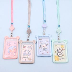 Cartoon Bear Card Holder Bank Identity Bus ID Card Sleeve Case with Retractable Reel Lanyard Silicone Credit Cover Students Gift