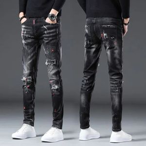 Arrival Spring Autumn Denim Jeans for Men Slim Distressed Ripped Pants Paint Splatter n Streetwear 240927