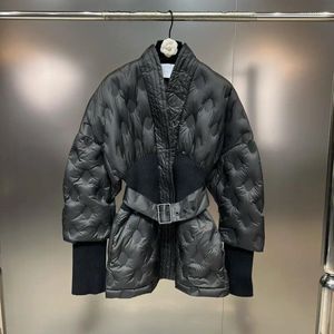 Women's Trench Coats PREPOMP 2024 Winter Collection V Neck Long Puff Sleeve Slim Waist Belt Polka Dot Black White Duck Down Jacket Women