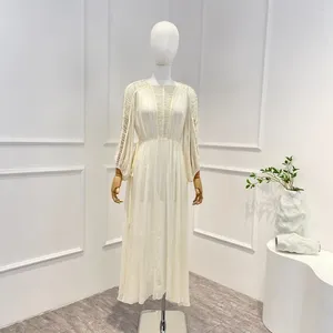 Casual Dresses 2024 Spring Summer Vintage Beach Style White Silk A-line Square Collar Hollow Out Long Sleeve Beige Midi Dress
