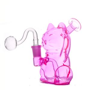 Atacado Pink Lucky Cat Vidro Queimador de Óleo Bong Hookah 14mm Joint Heavy Recycler Dab Rig Bong Portátil Melhor Presente para Fumante com Tubo Masculino Queimador de Óleo de Vidro DHL Grátis