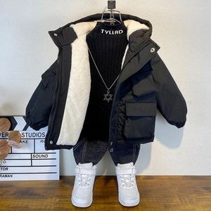 メンズトレンチコート2024ウィンターボーイズガールジャケットチルドレン服は暖かい綿を厚くしているキッズジッパーフード付きアウター、ベルベットジャケット