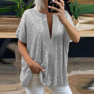 Damenblusen, Sommer-Pailletten-T-Shirt, Damen-Kurzarm-Top, Femme-T-Shirts, Damen-Shirts, sexy Bluse mit V-Ausschnitt, lockere lässige Silber- und Goldfarbe