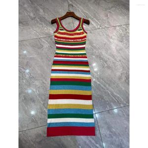 Casual Dresses Autumn Stripe Contrast Strap Dress Fashion Letter Knitted Embroidery Tight Fit Midfield Travel Party Birthday