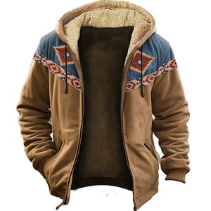 男性用の冬のジップアップフーディーフリースフードジャケット服部族グラフィックスウェットシャツアウターウェアストリートトラックスーツコート231229