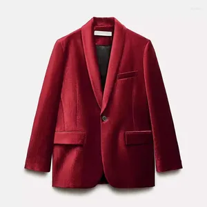 Kvinnors kostymer 2024 Spring Red Blazer för kvinnor vintage sammet enkelknapp monterade damer elegant kontor avslappnad långärmare jacka