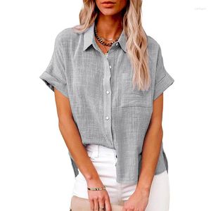 Kvinnors blusar Kvinnor Casual Solid Color Short Sleeve Linen Shirts Ladies Wid Down Collar Cotton Blus Retro Harajuku Tunic Summer Shirt