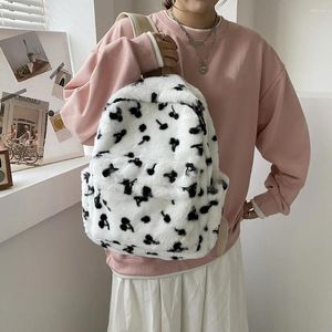 Mochila bonito leite vaca padrão estético mochilas mulheres saco de escola de pelúcia fofo dos desenhos animados mochila material macio bolsa estudante livro