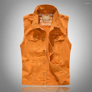 Men's Vests Slim Fit Men Sleeveless Jacket Orange Ripped Denim Vest Hip Hop Waistcoat With Pockets Cowboy Jeans Coat Oversize 5XL