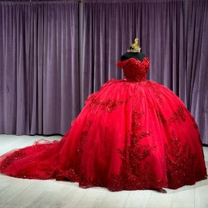 Красное бальное платье с открытыми плечами Платья Quinceanera с аппликацией из бисера Кружевное платье Sweet 16 Корсет на шнуровке Vestidos De 15 Anos