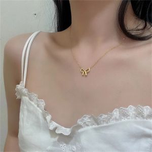 Ny punk liten bowknot hänge för kvinnor gyllene färg 14k gul guld choker kedja halsband kvinnlig smycken julklapp