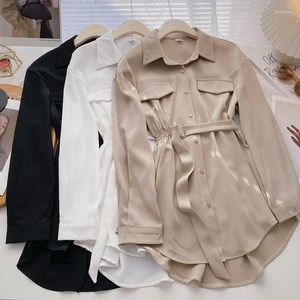 Kvinnors blusar 2024 Spring Autumn Women Shirts White Plain Loose Blouse Kvinnliga toppar ELEGANTE LACE UP LÅNG SHIRT BLUSAS Fashion Holiday