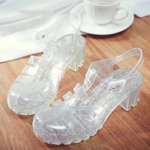 Klänningskor 2024 Summer Women Casual Jelly Heel Square High Heels Transparent Platform Sandal Lady Bling Silver Sandals