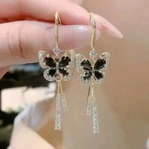 14k Yellow Gold New Fashion Trend Unique Design Exquisite Exaggerated Black Butterfly Zircon Tassel Earrings Women Fine Jewelry Party Favors