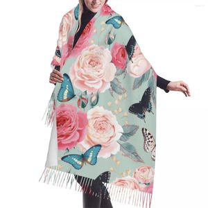 Шарфы, шарф с кисточками, большой, 196, 68 см, пашмина, зимняя теплая шаль, накидка Bufanda, женский розовый пион, розы и бабочка, кашемир