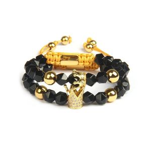 Neues Kronen-Set für Paare, Armband mit 8 mm natürlichen Onyx-Steinperlen im Facettenschliff, attraktiver Schmuck, Unisex, klassisch, Spannung243q