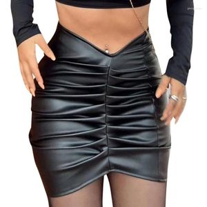 Skirts Womens High Waist Package Hip PU Mini Skirt Fashion Sexy Ruched Faux Leather Bodycon Short Party Clubwear