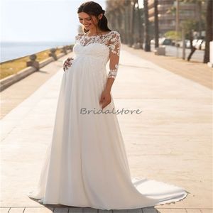 Maternity Boho Wedding Dress With Lace Sheer Neck Long Sleeve Bohemian Beach Bride Dress 2024 Brush Train Elegant Pregnant Women Bridal Gowns Chic Robe De Mariage