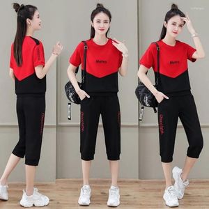 Women's Two Piece Pants Casual Suit Summer 2024 Korean Show Slim Crop Tops And Calf-Length 2 Set Fashion Capris Sportswear