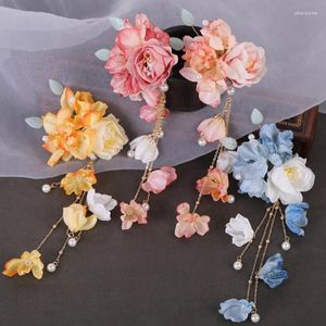 Hair Clips Silk Flower Headdress Hanfu Side Clip Tassel Hairpin Female Antique Accessories Imitation Pearl Children Ornaments