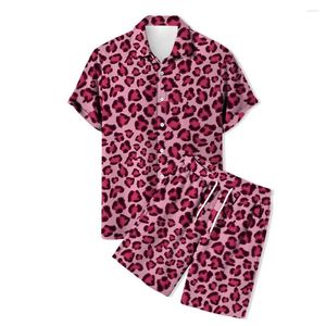 Erkek Trailtsits Moda 2 PCS Set Gömlek Erkekler 3D Leopar Baskı Kamuflaj Takım Kısa Kollu Gömlek Pantolon Hawaii Plaj Stil