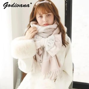 Sciarpa con fiocco staccabile super morbida in stile giapponese Liz per le donne Autunno Inverno Lolita Sciarpa scozzese dolce per ragazze Kawaii femminile 231229