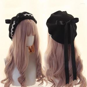 Basker japanska basker flickor kvinnor bow målare hatt lolita mjuk söt fransk mössa kawaii preppy stil kvinnlig fast färgartist