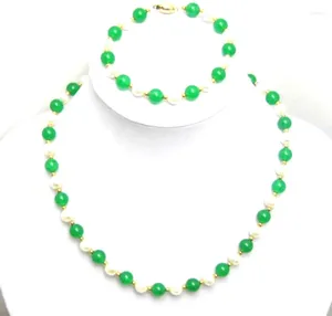 Choker Qingmos Natürliches 6–7 mm rundes weißes Perlen-Halsketten-Armband für Frauen mit grünem Jade-Stein, passend 19,1 cm C1016