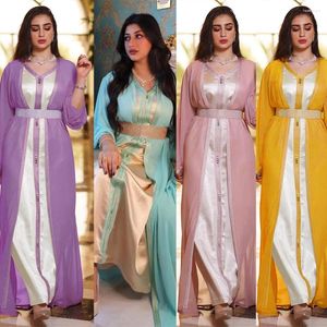 Etniska kläder Eid Middle East Dress Women Open Abaya Clothes Chiffon Long Sleeves Islamic Set Dubai Robe Caftan Kaftan Party Dresses