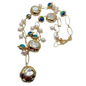 Y YING Süßwasser-Zuchtperlen, weiße Keshi-Perle, blaue Muranoglas-Halskette, 53,3 cm, 231229