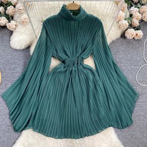 Casual Dresses XFPV Elegant Solid Stand Collar Fold Waist Closed Dress Women Leisure Pleated Vestido Female 2024 Summer Tide Fashion SM6137