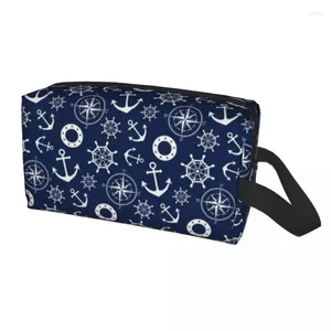 Cosmetic Bags Custom Navy Blue Nautical Wheel Anchor Toiletry Bag Women Makeup Organizer Ladies Beauty Storage Dopp Kit Box