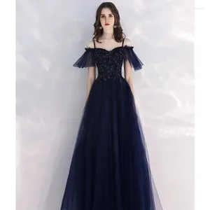 Party Dresses Long Navy Prom Dress D141 Sweet Memory Lady Princess Spaghetti Strap Appliques Lace Tulle Performance Wedding Guest