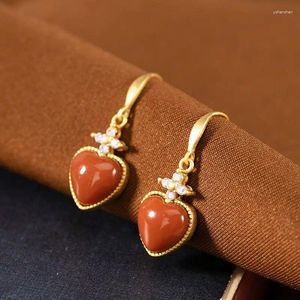 Dangle Earrings Natural Hetian Jade Ruby Heart-Shaped Inlaid S925 Sterling Silver Southern Red Agate Love Heart Vintage