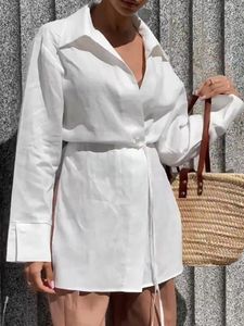 Kvinnors blusar Elegant vit bomullslinnor skjortor Kvinnor Wrap Lace-up Lapel Casual Office Ladies Sunwear 2024 Långärmad topp