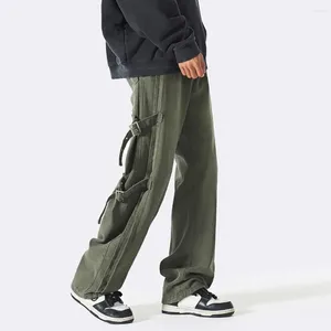 Calças masculinas inspiradas em hip-hop, calças elegantes de cintura média com design de fivela lateral, perna larga reta para longa duração