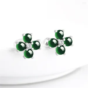 Stud Earrings 925 Silver Natural Green Jadeite Beads Flower Lucky Earring Certificate Retro Luxury Jade Woman's Bridal Ear Jewelry