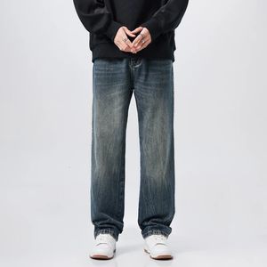 CD -retro blommor jeans för mäns löst montering rak ben vinter förtjockad trendiga breda ben långa byxor 231229