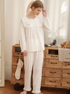 Women's Sleepwear White Women Two Piece Pajama Sets Pure Cotton Spring Long Sleeve Vintage Princess Ruffles Jacquard Victorian Nightwear