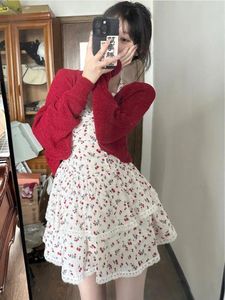 Work Dresses Harajpee Two Piece Set 2024 Autumn Winter Sunscreen Knitted Cardigan Cherry Wild Berry Flower Strap Dress Women Trend