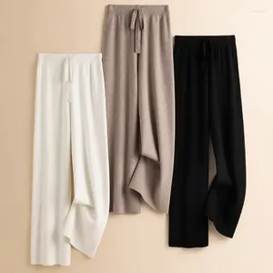 Women's Pants Limiguyue Women Wool Knitted Autumn Winter Ankle-Length Trousers Elastic High Waist Office Lady Soft Wide Legs E215