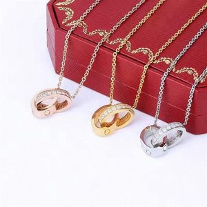 Classic designer Love Necklaces Double ring pendant fashion shiny Diamond Necklace Fashion womens gold silver torque with red box221P