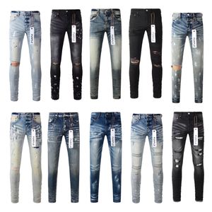 Lila jeans designer för mens varumärke hål mager motorcykel trendig rippad lapptäcke året runt slim ben